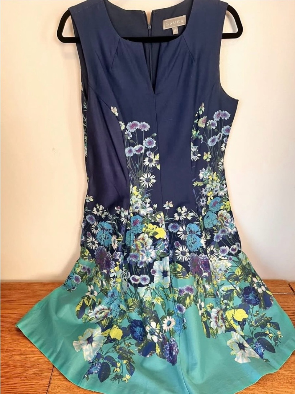 Laura | Navy to Teal Floral Fit-and-Flare Dress Size 12